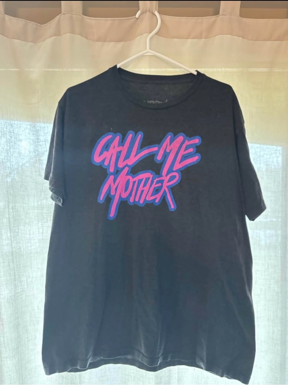 Rupaul Black Graphic Tee with Pink & Blue 'Call Me Mother' Script